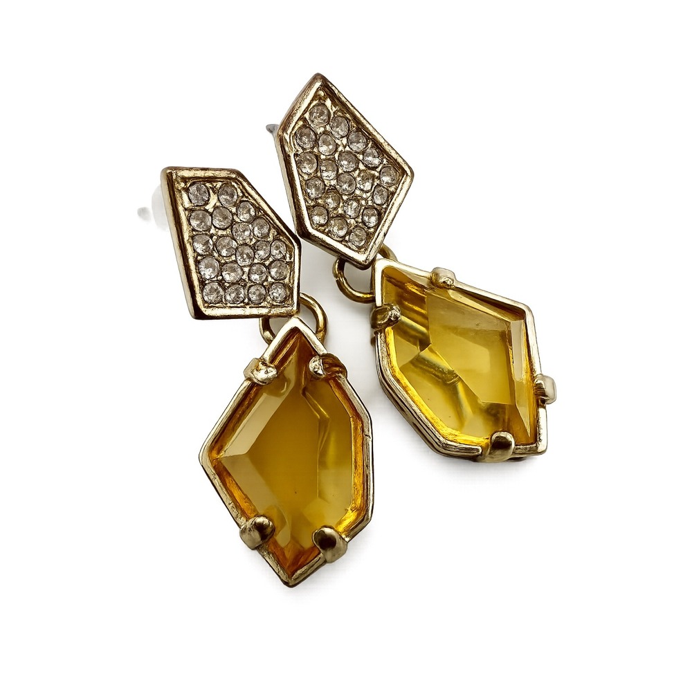 Graziano Gold Tone Amber Resin Rhinestone Geometric Kite Drop Earrings